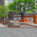 Urban Commercial Landscape With Modern Buildings Green Trees Orange Structures And Pedestrians