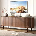 Walnut Wood TV Stand With Ribbed Design Vase Books And Wall Art In Living Room
