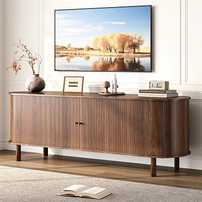 Walnut Wood TV Stand With Ribbed Design Vase Books And Wall Art In Living Room 3d model