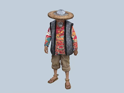 A Man Wearing Straw Hat Colorful Patterned Long Sleeve Shirt Vest Khaki Pants And Sandals 3d model