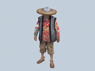 chinese man minority figure hat man coir raincoat old man fisherman farmer 3d model