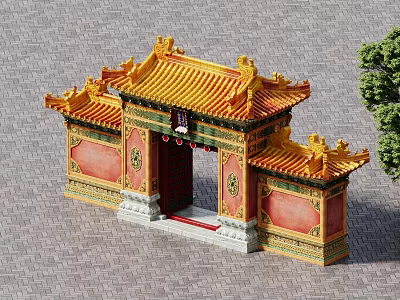Traditional Ancient Chinese Architecture Gateway With Yellow Glazed Tile Roof Red Walls And Carved Decorations 3d model