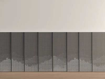 Gray Background Wall with Vertically Arranged Perforated Panels and Wavy Hollowed Bottom on Wooden Floor 3d model