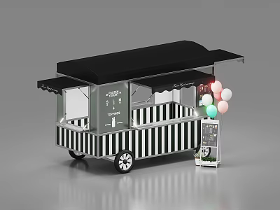 Mobile Food Cart With Black Awning Black And White Stripes Colorful Balloons And Signboard 3d model