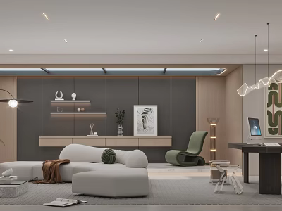 Cozy Modern Basement Interior Design With Comfortable Sofa Bookshelf And Green Plants 3d model