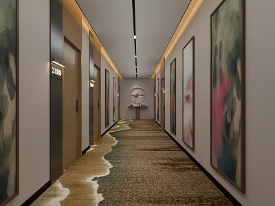 Elegant Hotel Corridor Interior With Decorative Paintings Patterned Carpet And Recessed Lighting 3d model