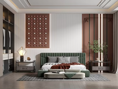 Modern Bedroom Interior With Green Headboard Bed Brown Decorative Wall Nightstands Lamp And Potted Plant 3d model