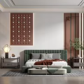 Modern Bedroom Interior With Green Headboard Bed Brown Decorative Wall Nightstands Lamp And Potted Plant