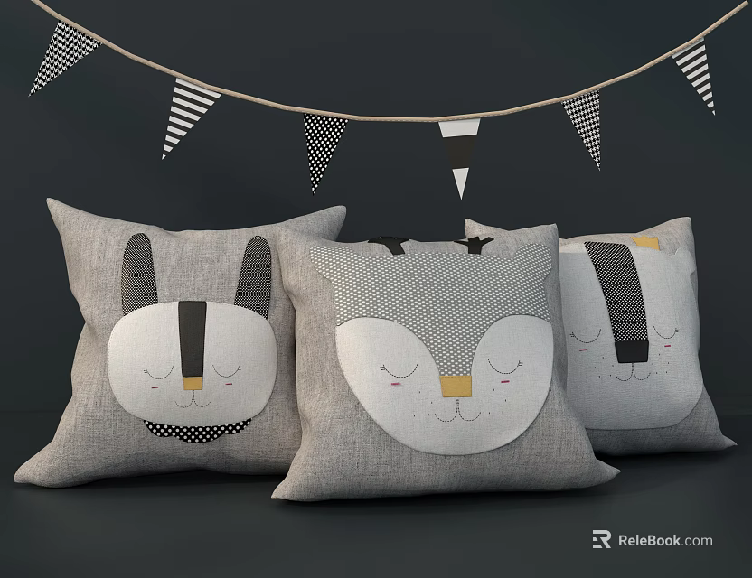 Cute Linen Throw Pillows With Animal Face Designs And Hanging Striped Bunting 3d model 
