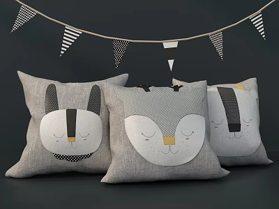 Cute Linen Throw Pillows With Animal Face Designs And Hanging Striped Bunting 3d model