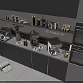 Modern Kitchen Appliances On Countertop Gray Cabinets Open Shelves Jars