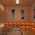 Shower Sauna Interior With Wooden Ceiling Lighting Brick Wall And Floor Seating