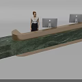 Hotel Front Desk With Green Marble Countertop Gold Accents Two Computer Monitors And Staff Member