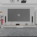 Projection Monitoring Setup With Ceiling Projector Large Screen TV And Speakers In Modern Living Room