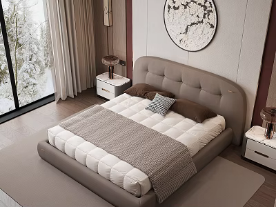 Modern Bedroom Interior With Upholstered Headboard Large Bed Nightstands Table Lamps And Snow View Windows 3d model