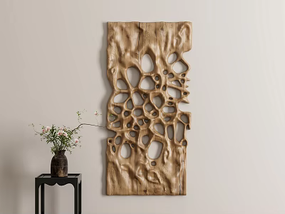 Wooden Wall Decor Featuring Natural Texture Hollow Design With Floral Vase On Black Side Table 3d model