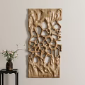 Wooden Wall Decor Featuring Natural Texture Hollow Design With Floral Vase On Black Side Table