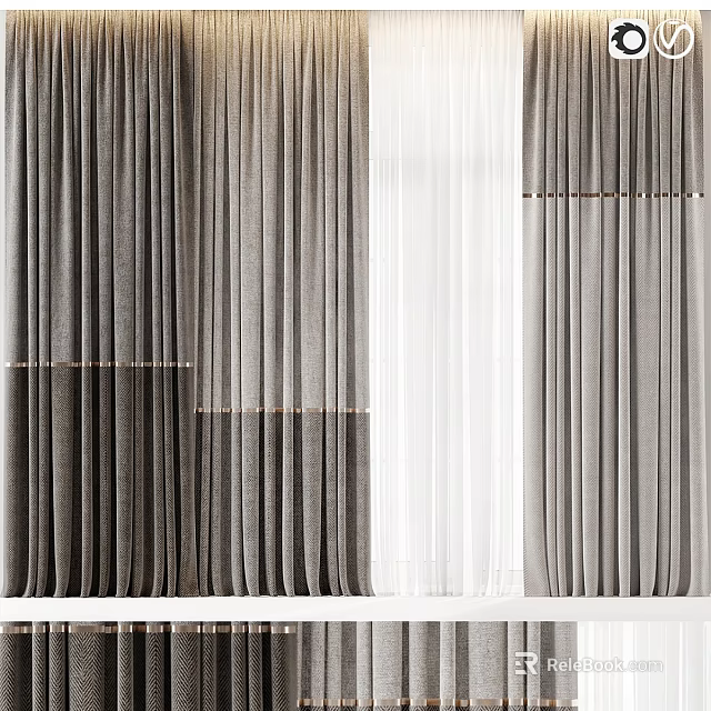 Modern Gray And White Double Layer Curtains With Textured Fabric And Metal Accents 3d model 