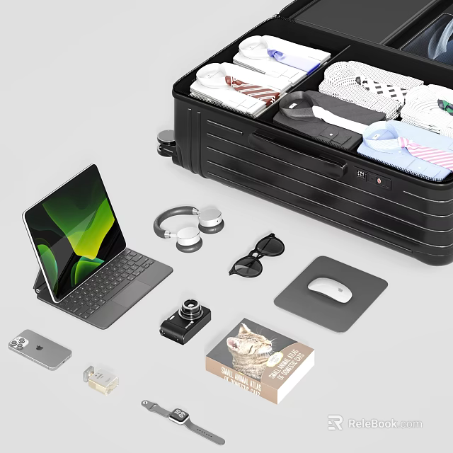 Open Black Suitcase Packed with Clothes Laptop Headphones Camera Sunglasses and Accessories 3d model 