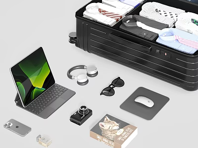 Open Black Suitcase Packed with Clothes Laptop Headphones Camera Sunglasses and Accessories 3d model