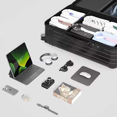 Open Black Suitcase Packed with Clothes Laptop Headphones Camera Sunglasses and Accessories 3d model