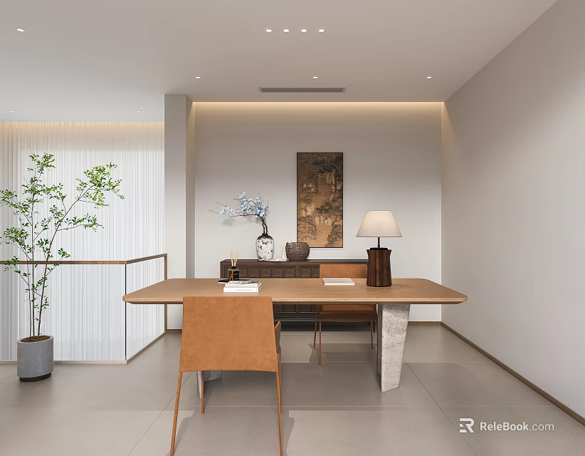 Modern Home Study Interior With Wooden Desk Leather Chair Table Lamp And Green Plant 3d model 