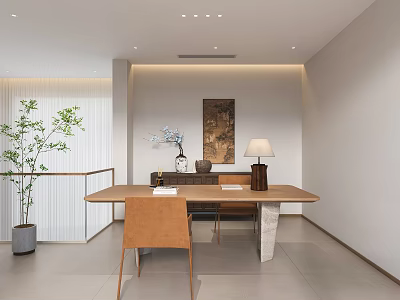Modern Home Study Interior With Wooden Desk Leather Chair Table Lamp And Green Plant 3d model