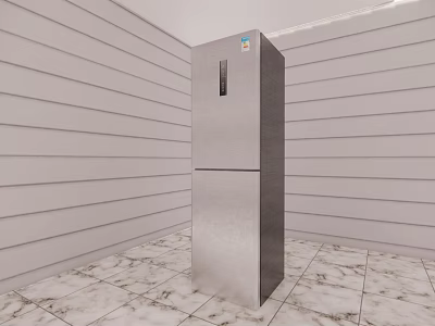 Silver Refrigerator Freezer In Room With Light Striped Walls And Marble Floor Featuring Small Logo 3d model