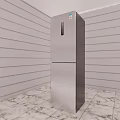 Silver Refrigerator Freezer In Room With Light Striped Walls And Marble Floor Featuring Small Logo