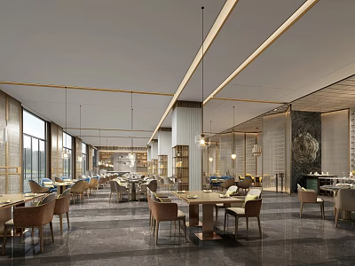 Modern Elegant Restaurant Interior With Dining Tables Chairs Hanging Lights And Large Windows 3d model