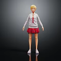 3D Anime Character Model With Blonde Hair White Sweater Red Plaid Skirt And White Shoes