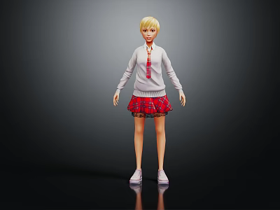 3D Anime Character Model With Blonde Hair White Sweater Red Plaid Skirt And White Shoes 3d model