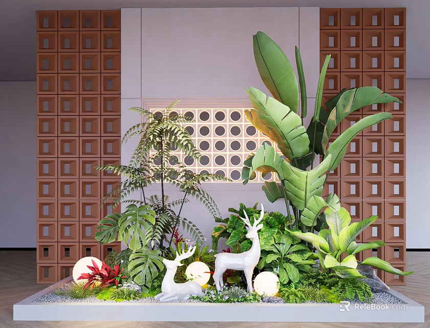 Indoor Landscape With Lush Green Plants Deer Statues Wooden Grid And Perforated Wall 3d model 