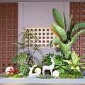 Indoor Landscape With Lush Green Plants Deer Statues Wooden Grid And Perforated Wall