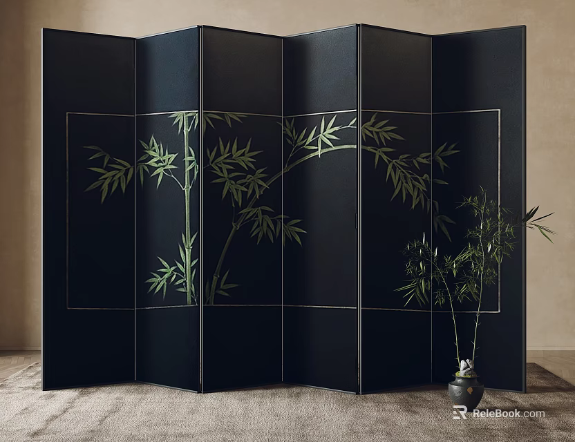 Black Folding Room Divider With Bamboo Pattern And Potted Plant 3d model