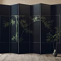 Black Folding Room Divider With Bamboo Pattern And Potted Plant 3d model