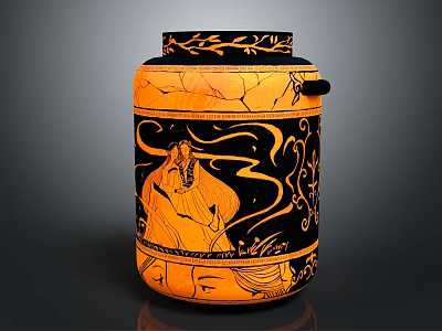 Artistic Black and Orange Furniture Jar With Hand Painted Figural Floral Patterns 3d model