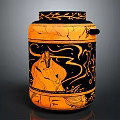 Artistic Black and Orange Furniture Jar With Hand Painted Figural Floral Patterns