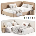 Green And Beige Kids Bed With Soft Pillows Cozy Blankets And Small Nightstand