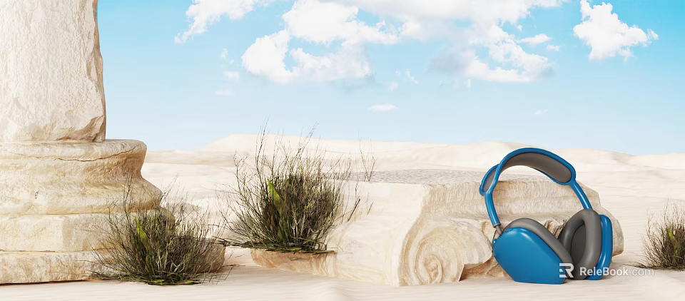 Scenic Desert Landscape with Blue Sky White Clouds Dry Grass Wood Logs and Blue Headphones 3d model 