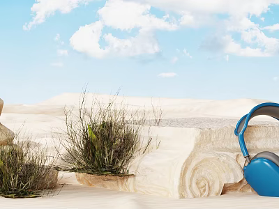 Scenic Desert Landscape with Blue Sky White Clouds Dry Grass Wood Logs and Blue Headphones 3d model
