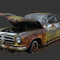 Rusted Vintage Car With Open Hood Abandoned Among Scattered Fallen Leaves