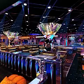 Gorgeous Bar Interior Design With Colorful Lighting Decorative Counter And Intricate Ceiling