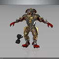 Fierce Beast Character Standing In Gold Silver Armor With Red Claws And Hammer