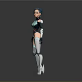 Game Movie Character With Teal Hair In Black Blue Futuristic Tech Bodysuit On Hexagonal Floor