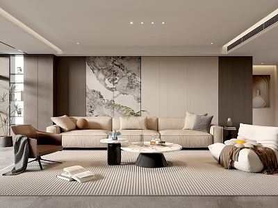 Modern Living Room Interior Design With Beige Sofa Striped Rug Coffee Tables And Wall Art 3d model