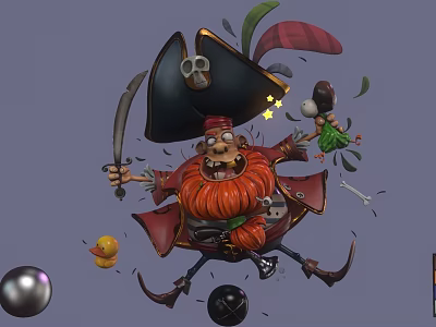 Cartoon Pirate Game Movie Character With Skull Hat Red Beard Sword And Green Doll 3d model