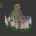 Cartoon Scene Of Multi Layered Wooden Tower With Green Roofs Pine Trees And Stone Bases