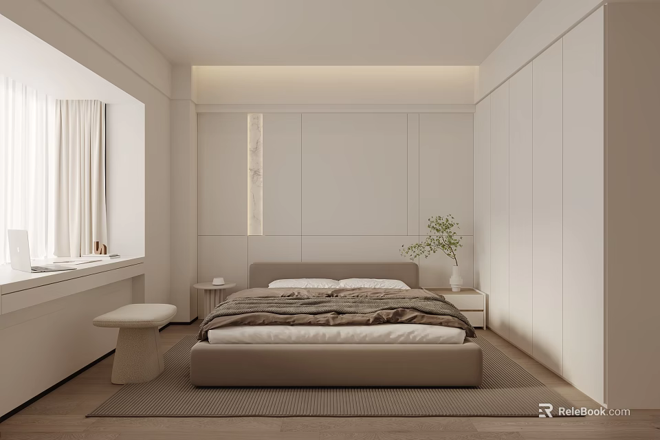 Minimalist Modern Bedroom Interior Design With White Headboard Built-in Lighting Nightstand Green Plant And Rug 3d model 