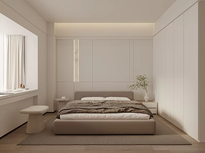 Minimalist Modern Bedroom Interior Design With White Headboard Built-in Lighting Nightstand Green Plant And Rug 3d model